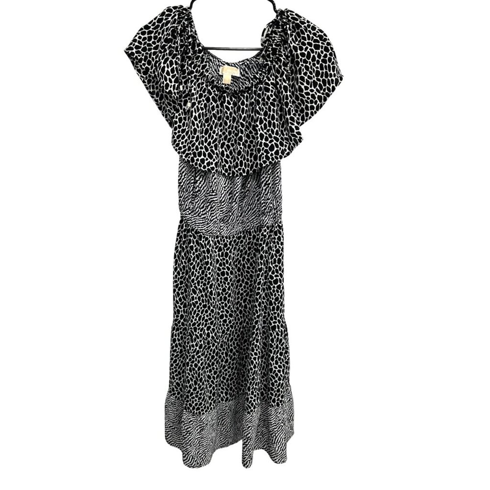 Michael Kors Black White Animal Print Maxi Dress Ruffle Off Shoulder Size S